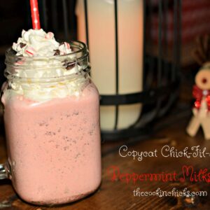 vanilla ice cream, chocolate, and candy cane pieces combined into a tasty milkshake