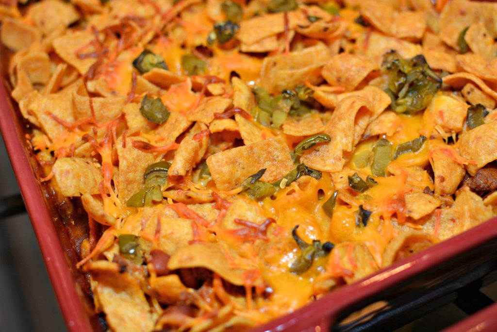 frito taco pie casserole baked and ready to serve