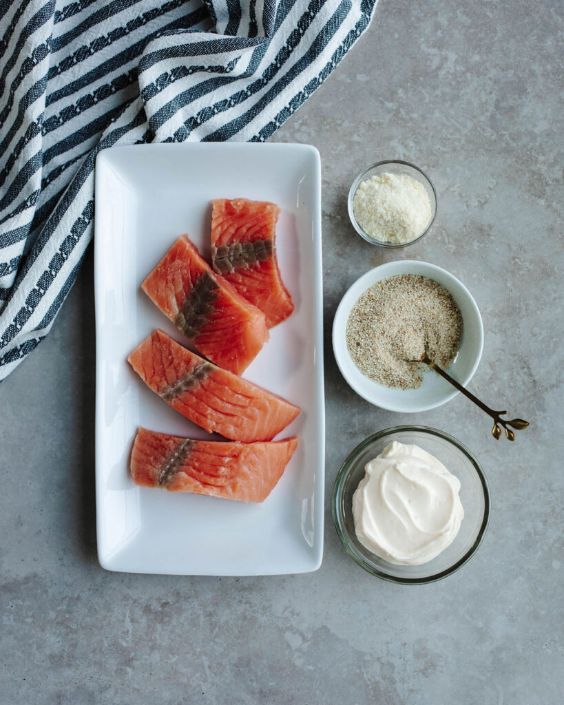 all the ingredients needed to make Parmesan Crusted Salmon with mayonnaise.