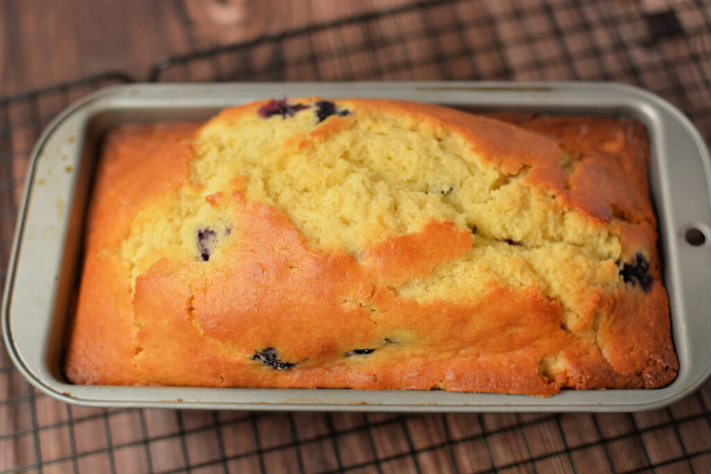 no yeast used, a quick bread with blueberries scattered throughout