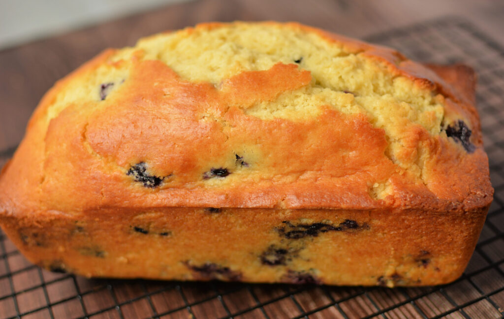 a loaf of blueberry quick bread