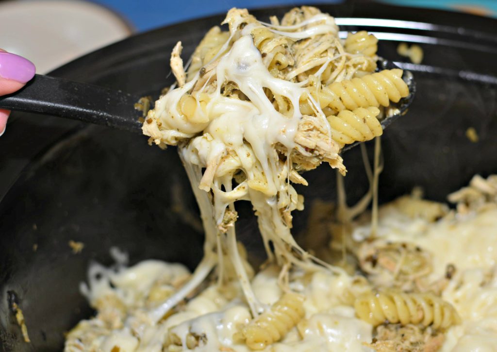 Cheesy Slow Cooker Chicken Pesto Pasta in a slow cooker