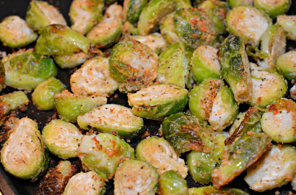 crisp roasted brussel sprouts seasoned with garlic, pepper, and parmesan cheese