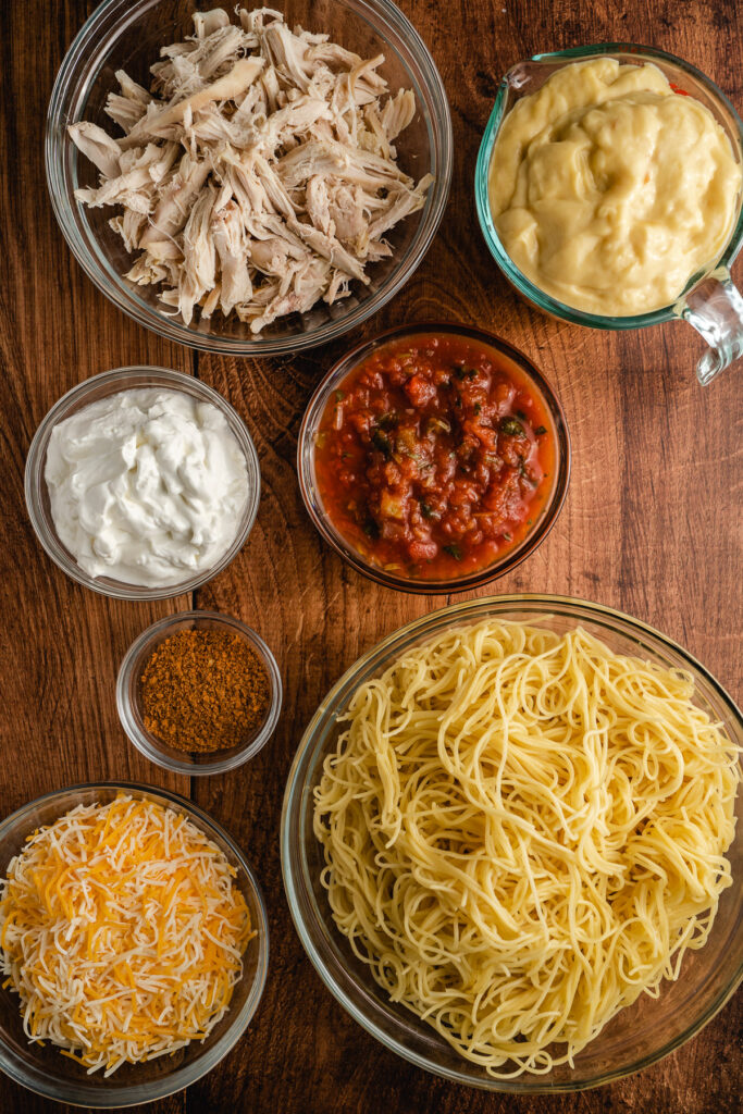 all the ingredients needed to make mexican chicken spaghetti