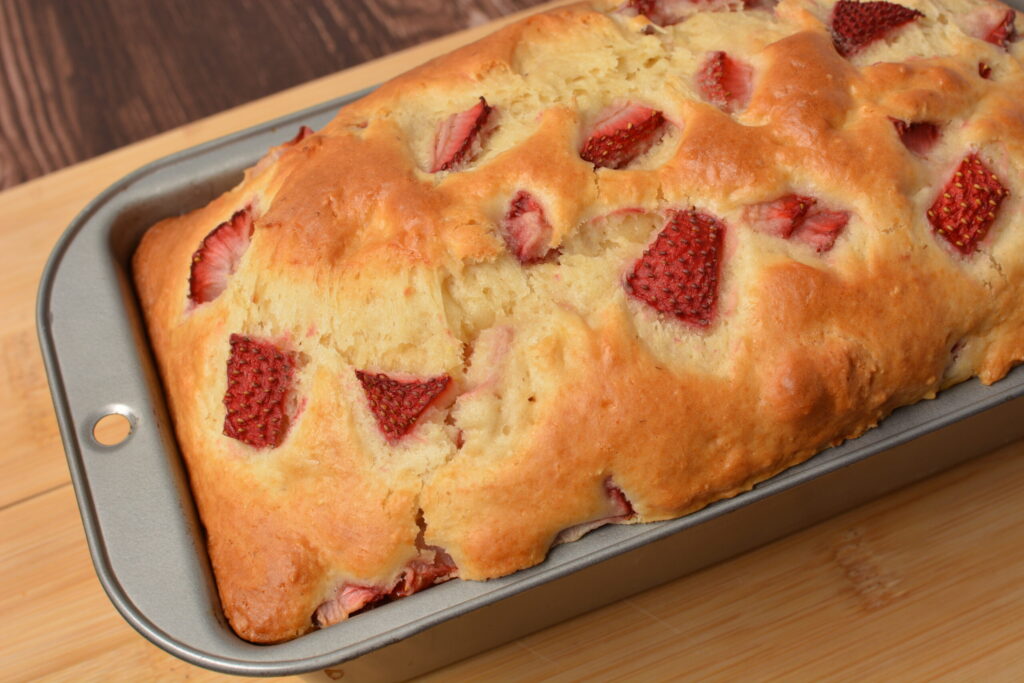 a large loaf of strawberry quick bread