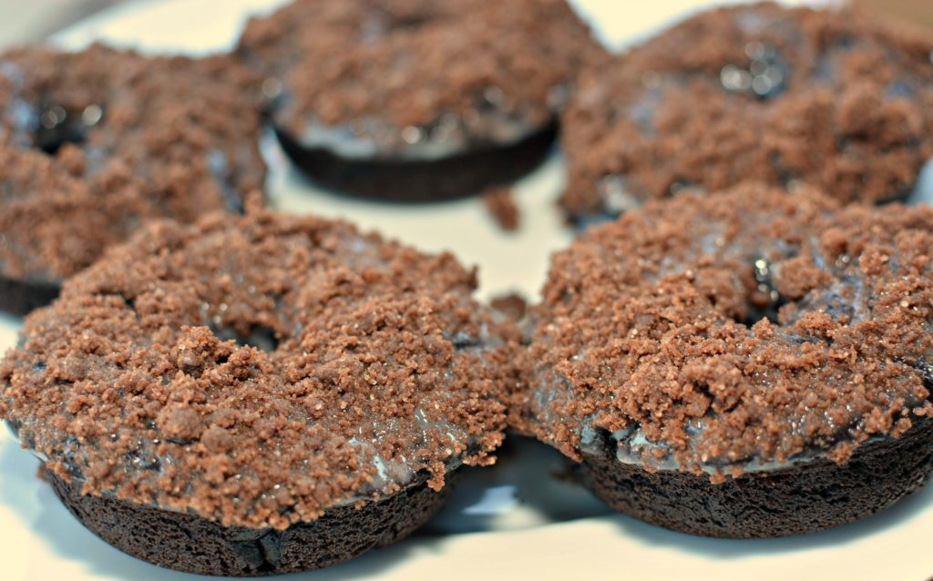 chocolate baked donuts with a crumb topping