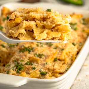 a hearty serving of casserole in the pan ready to enjoy