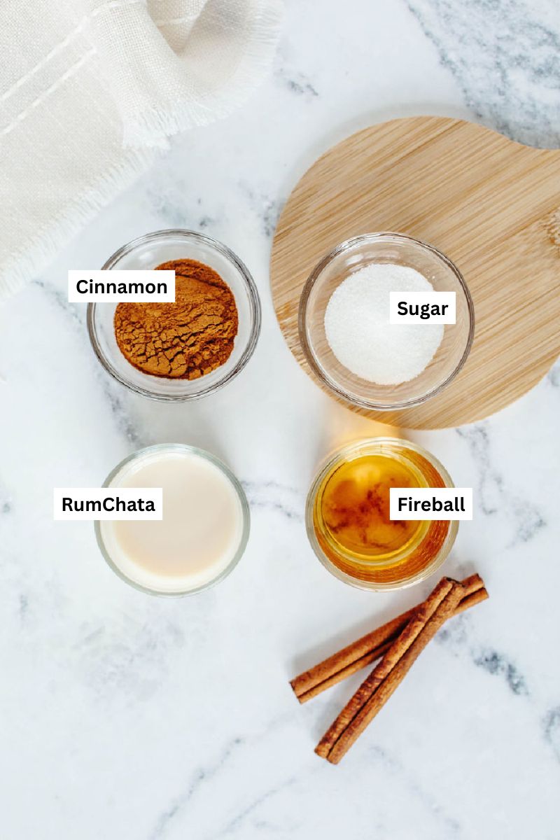 all the ingredients needed to make cinnamon toast crunch shots.