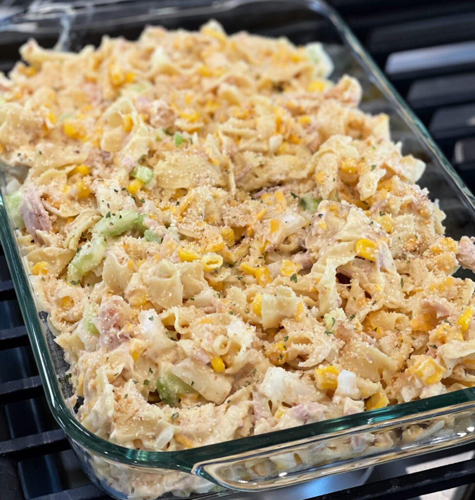 tuna noodle casserole combined and ready to be baked