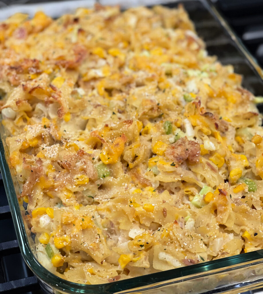 baked to perfection, this tuna noodle casserole straight from the oven