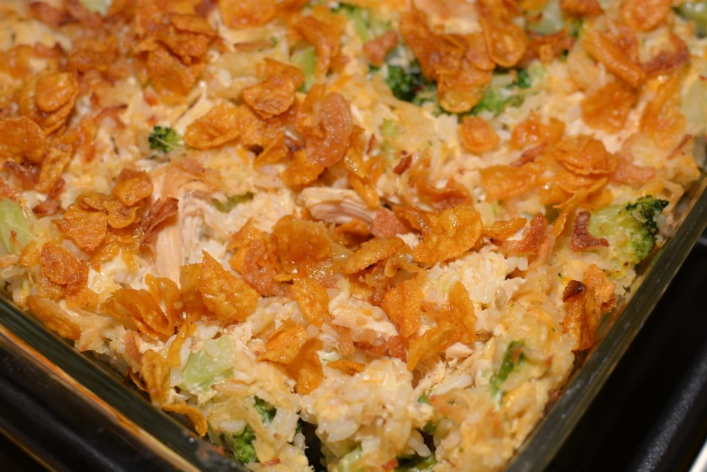 a crunchy topping over tender rice, broccoli, and chicken combine into a flavorful casserole