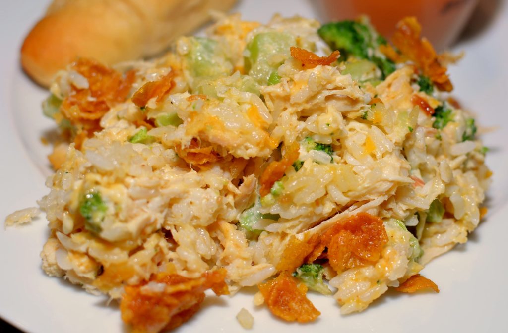 tender rice and broccoli combined with shredded chicken