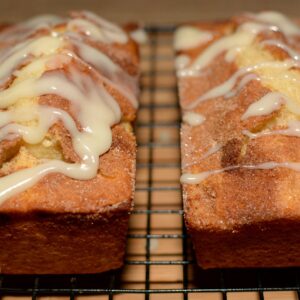 cinnamon sugar throughout a moist, fluffy bread with a tasty glaze on top