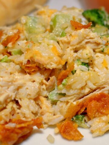 tender chicken, rice, and broccoli ccombined into a flavorful casserole