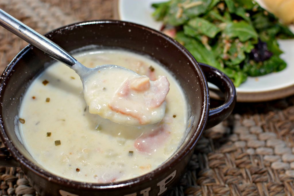 flavorful clam chowder packed with potatoes, celery, bacon, and clams