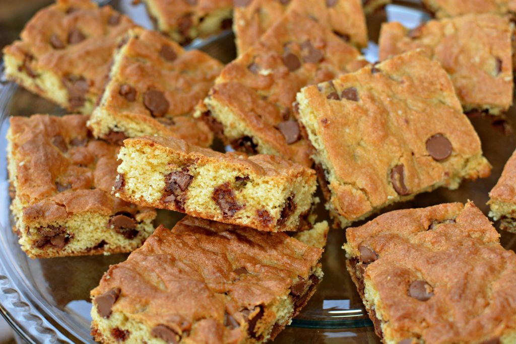 flavorful chocolate chip cookie bars made using a cake mix