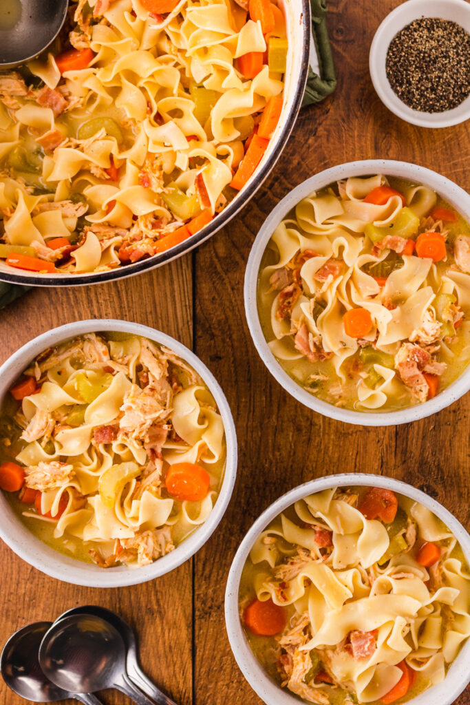 portioned bowls of homemade chicken noodle soup