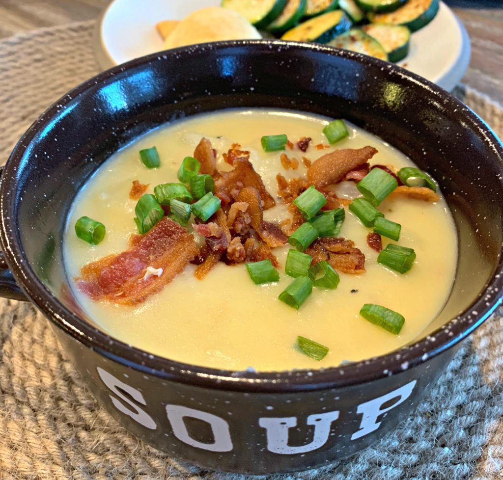 potato soup loaded with bacon, green onions, cheese, and more
