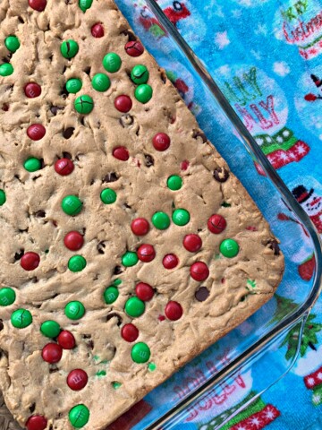chocolate chip cookies made into bars and made with added m&m's