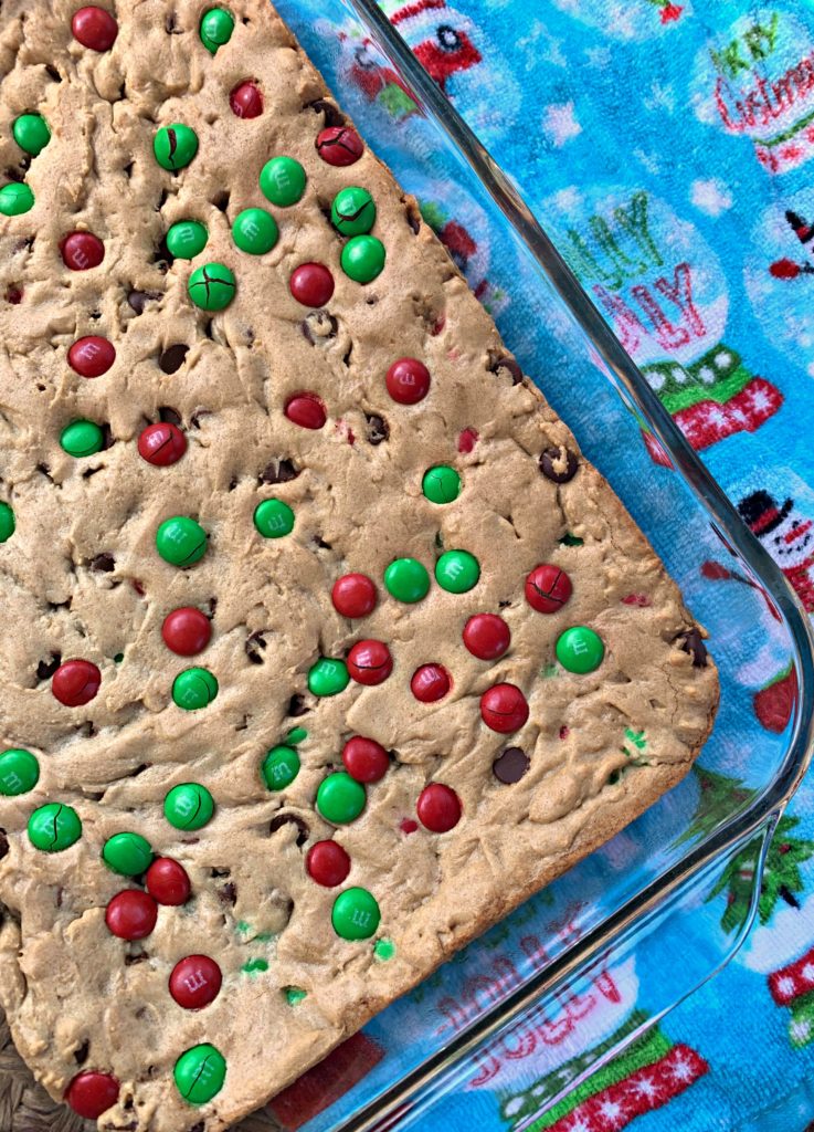 chocolate chips and m & m's throughout blondies