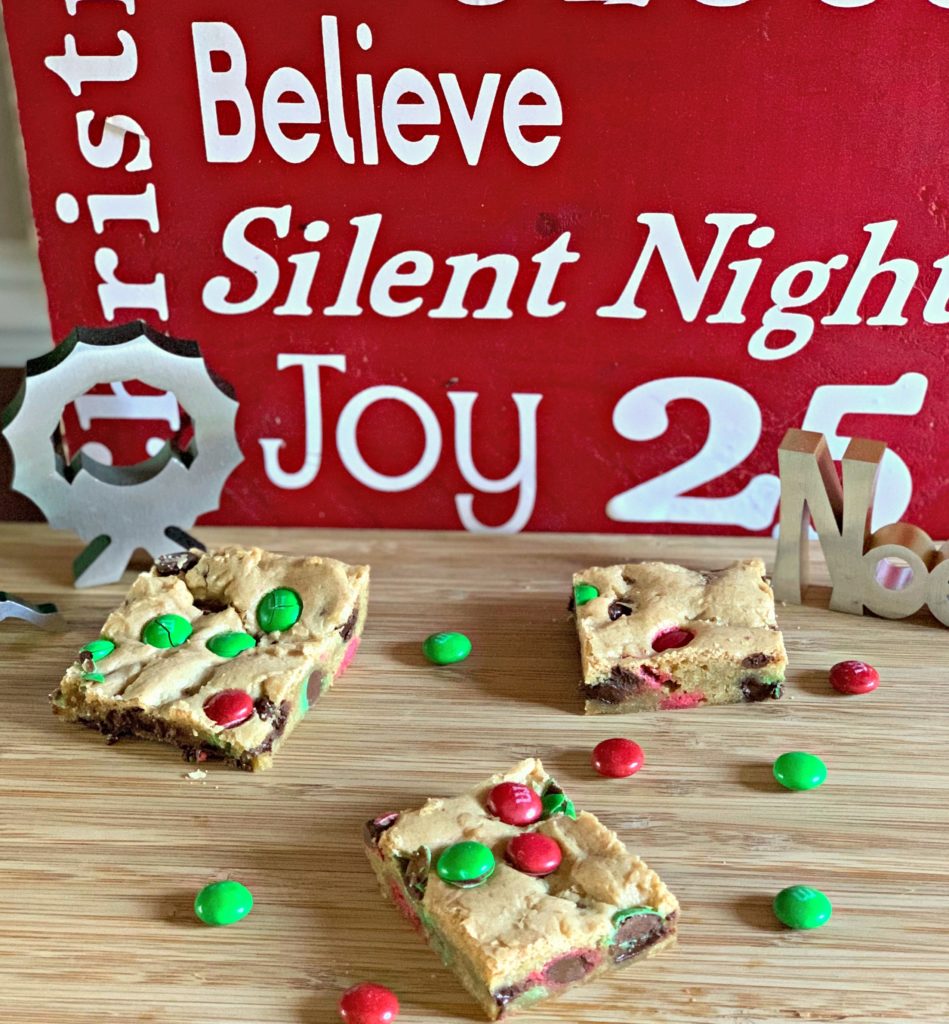 Christmas M & M Cookie Bars made with chocolate chips and m&m's