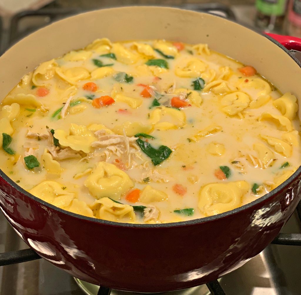 creamy chicken tortellini soup made in a dutch oven