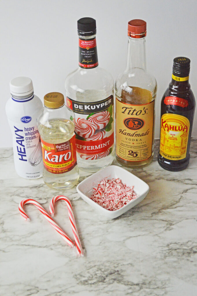 all the ingredients needed to make peppermint white Russian cocktails.