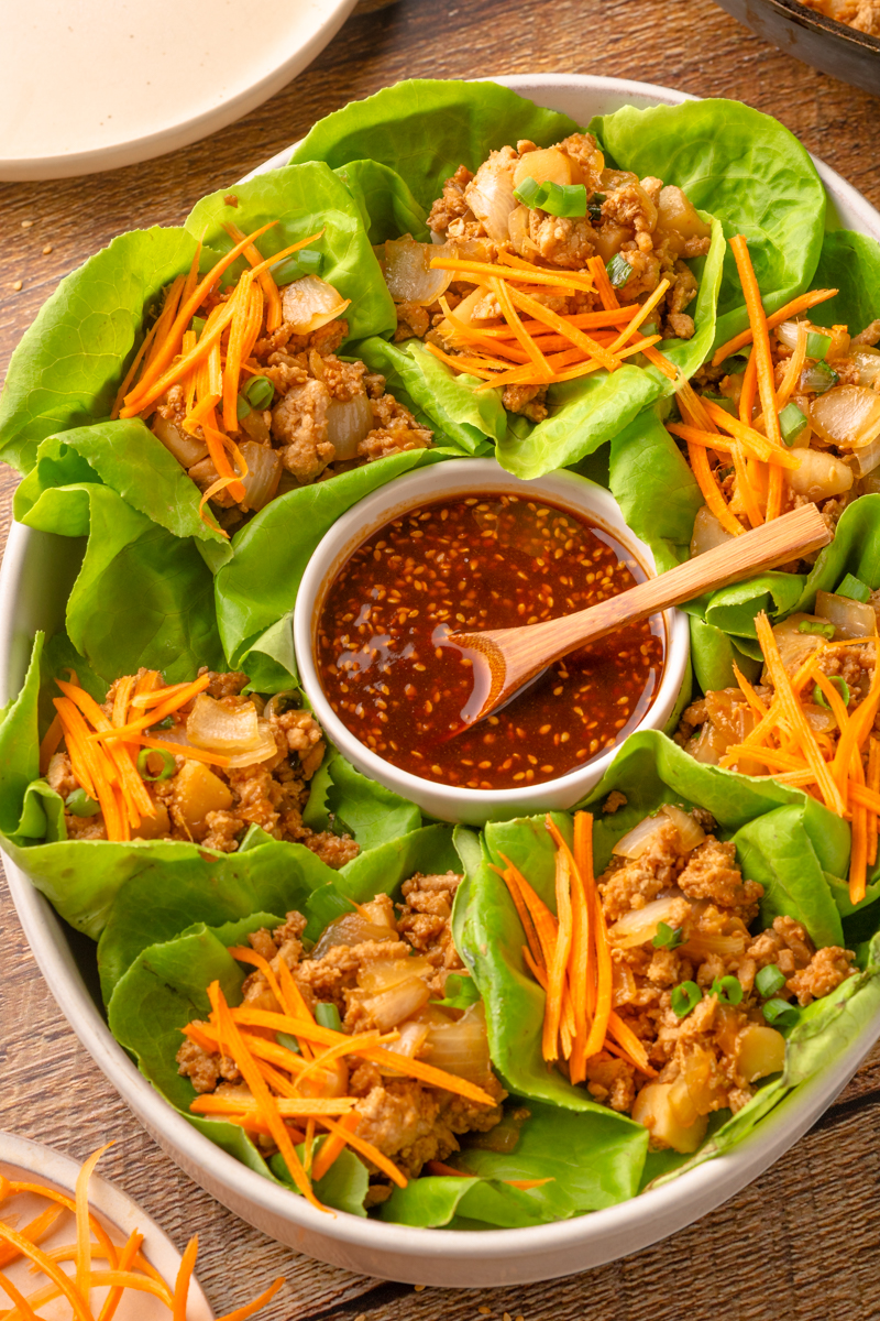 PF Change copycat chicken lettuce wraps on a white serving tray.