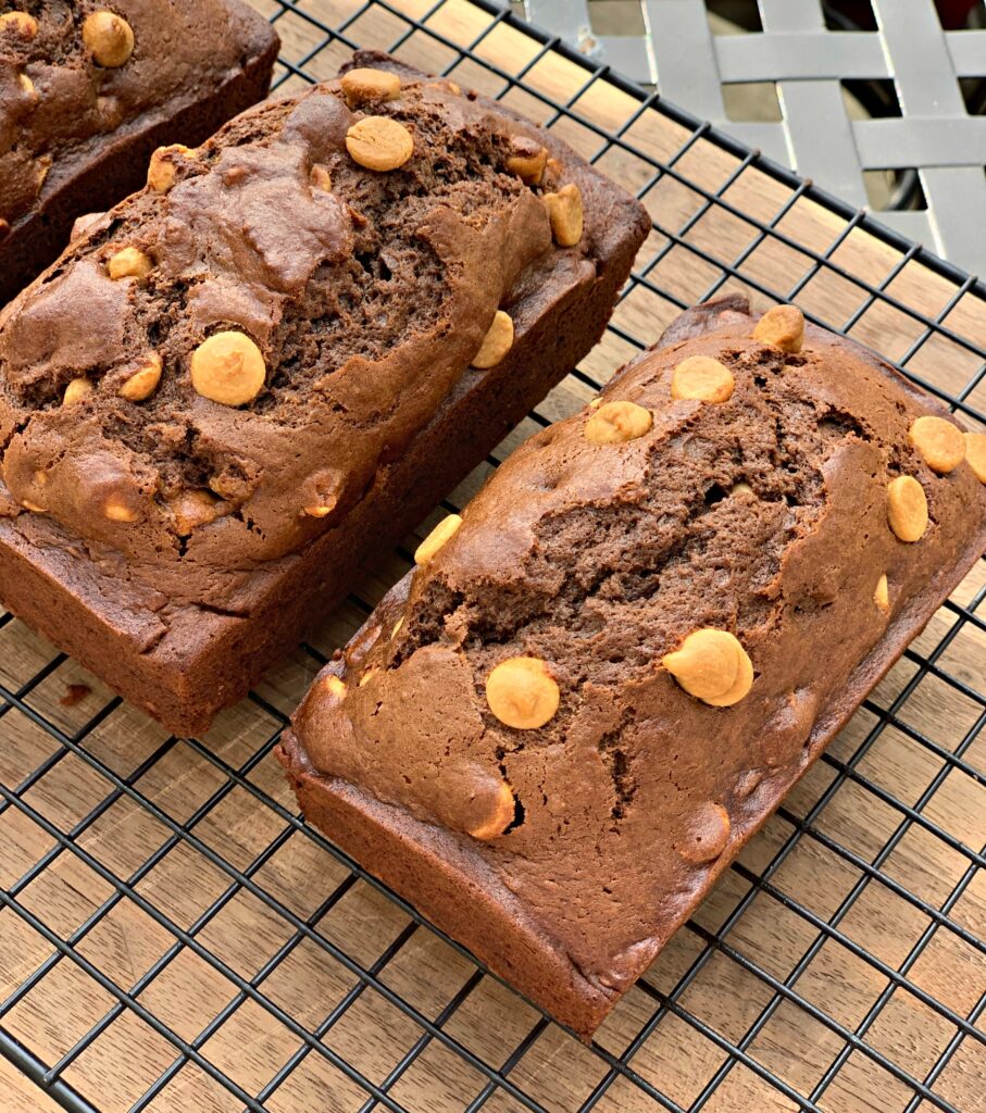 Chocolate peanut butter quick bread fresh out of the oven