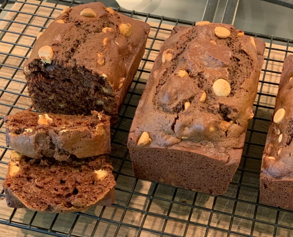 Chocolate peanut butter quick bread cooling on rack