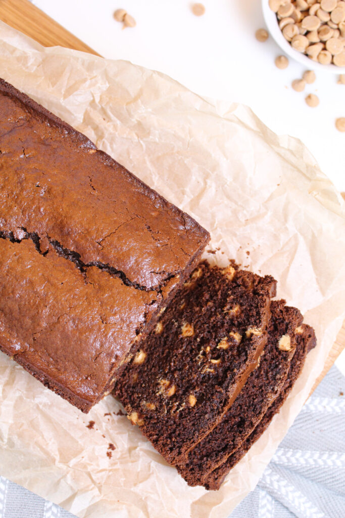a top view of a loaf of chocolate peanut butter bread.