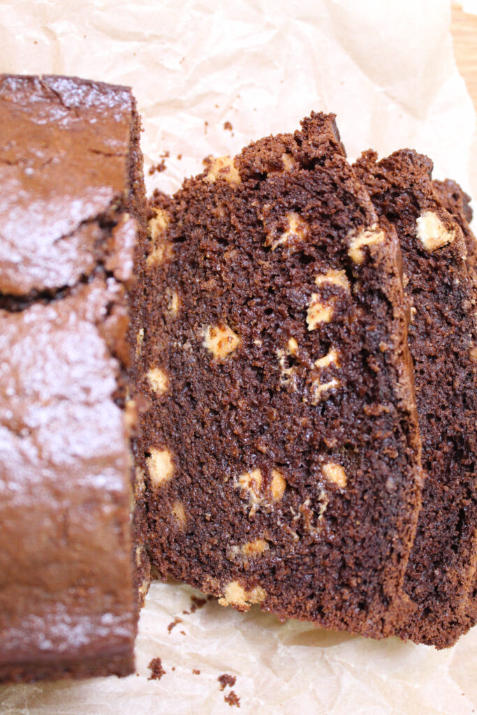 slices of chocolate bread with peanut butter chips throughout.