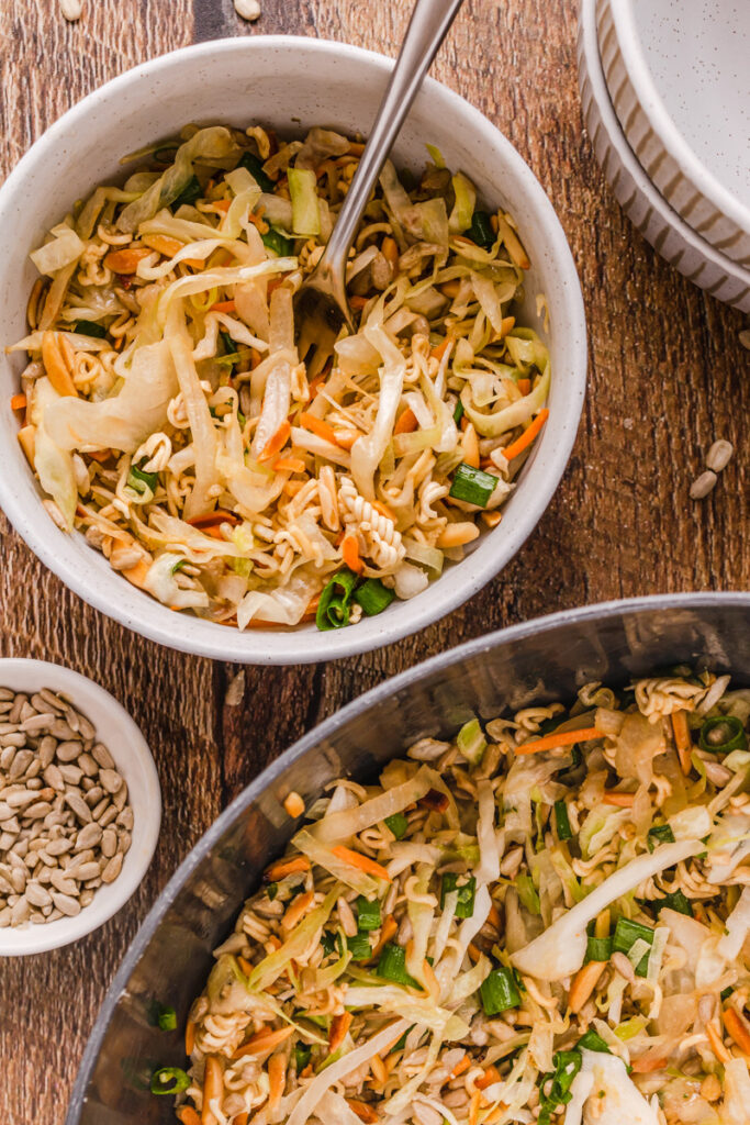 ramen noodles combined with a oriental sauce to make a coleslaw