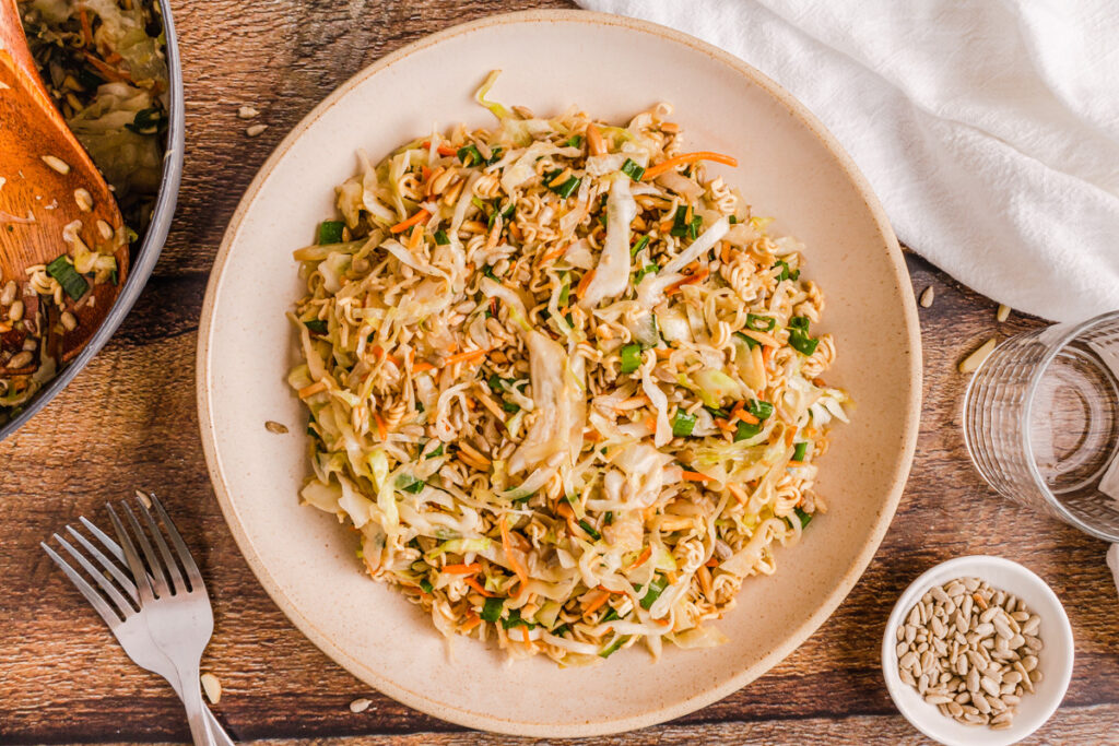 mom's asian ramen coleslaw ready to be served and enjoyed
