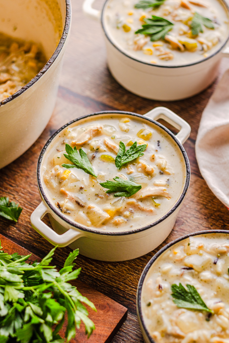 Panera Bread copycat chicken and wild rice soup in a soup bowl.