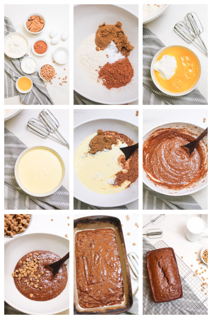 step by step on how to make chocolate peanut butter bread.