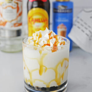 a salted caramel white Russian in a glass.