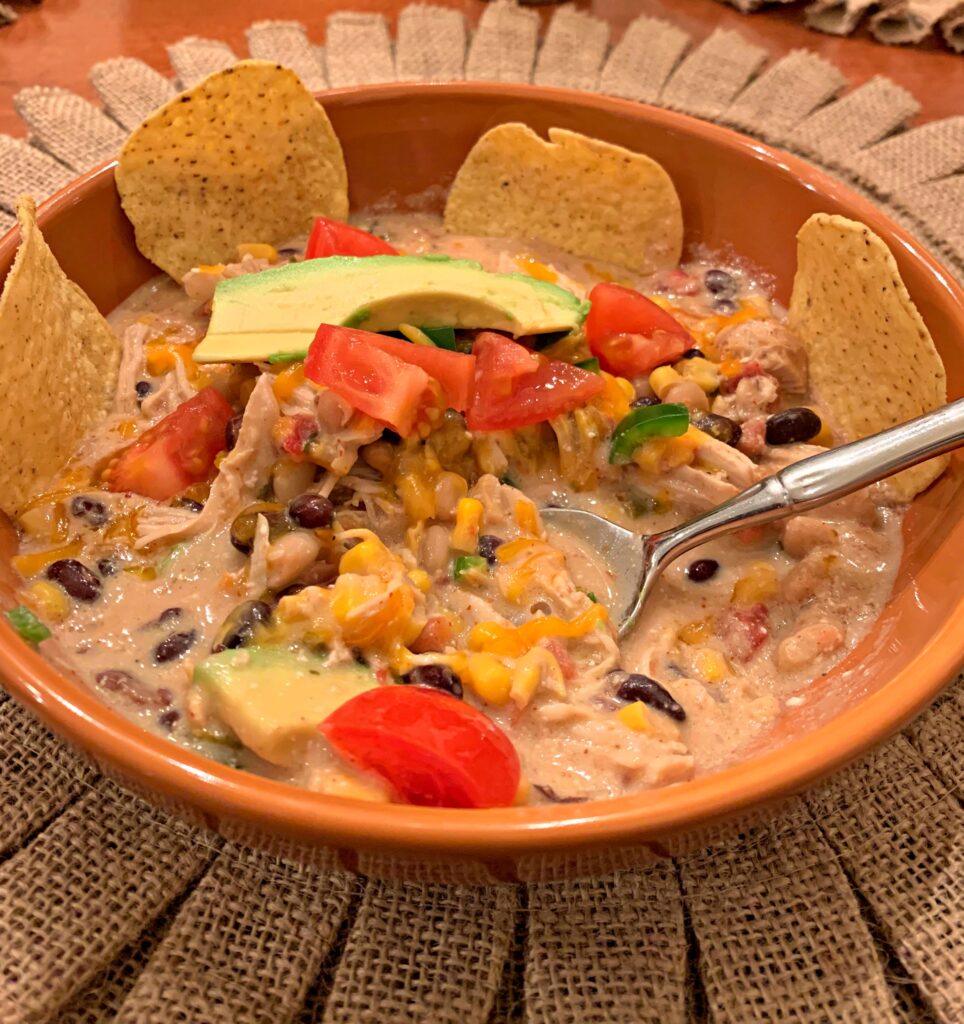 chicken, beans, corn, and cheese combined into a hearty chili made in your instant pot