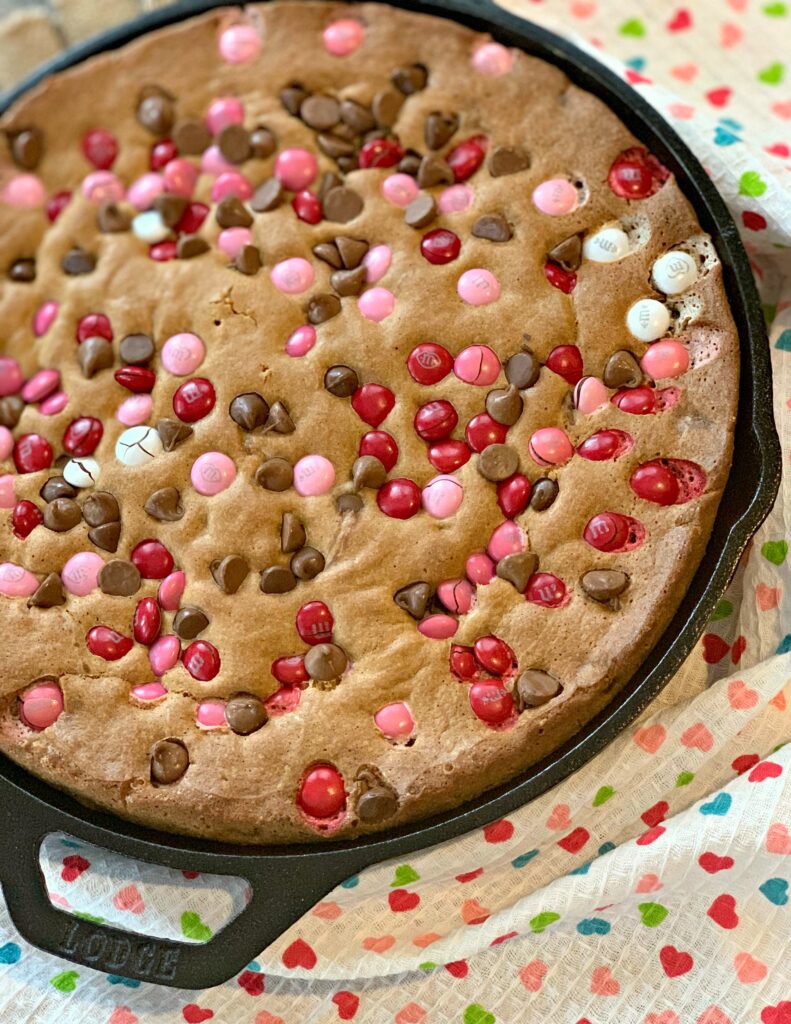 chocolate chip cookie made in a cast iron skillet