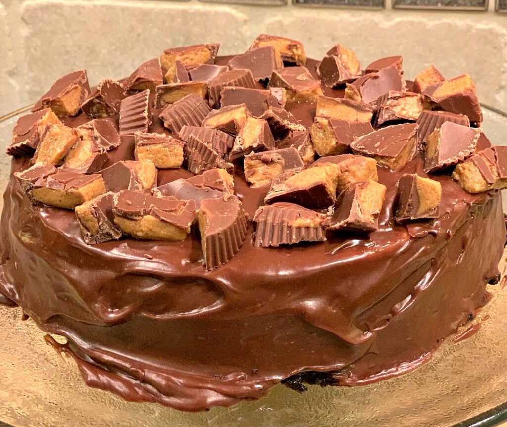 instant pot chocolate peanut butter cheesecake with reese's cups on top