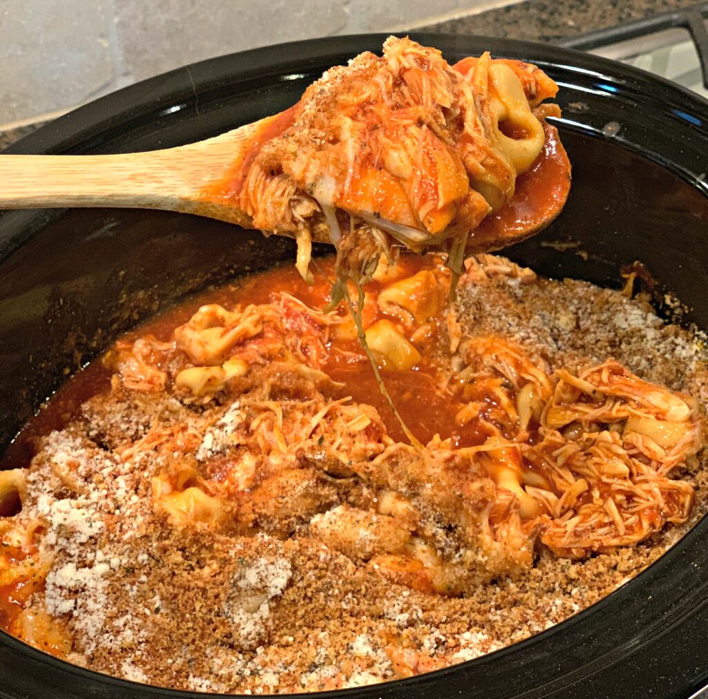 chicken parmesan cooked in the slow cooker with tortellini