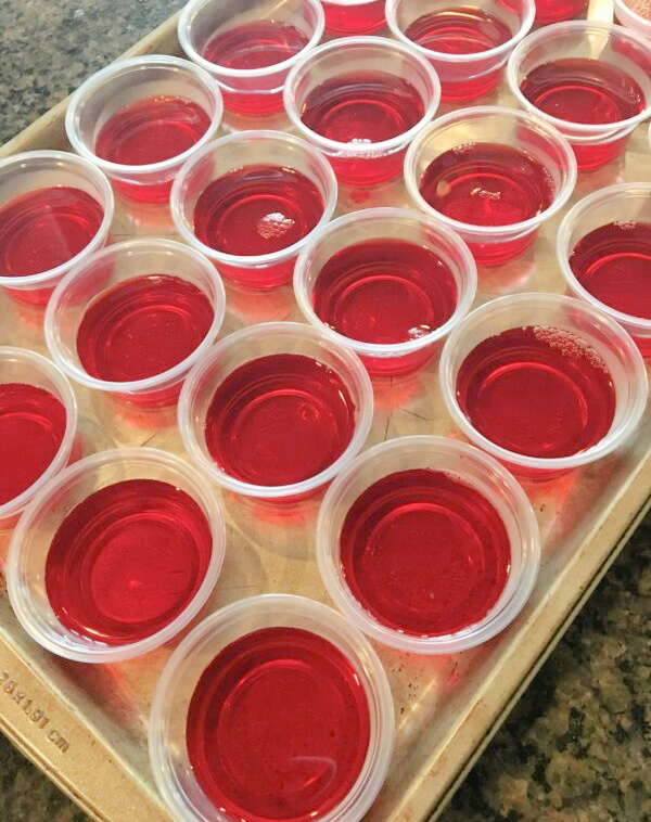 cherry jello combined with fireball whiskey into a jello shot