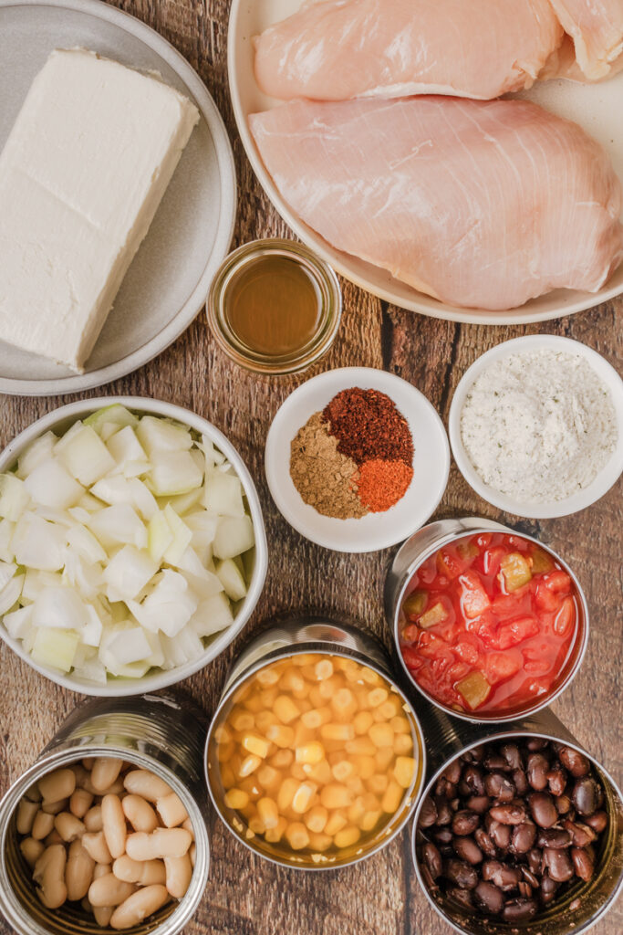 all the ingredients needed to make white chicken chili in the slow cooker or instant pot.