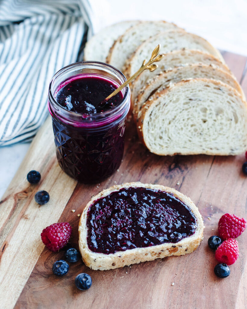 sliced bread with homemade jelly on top.