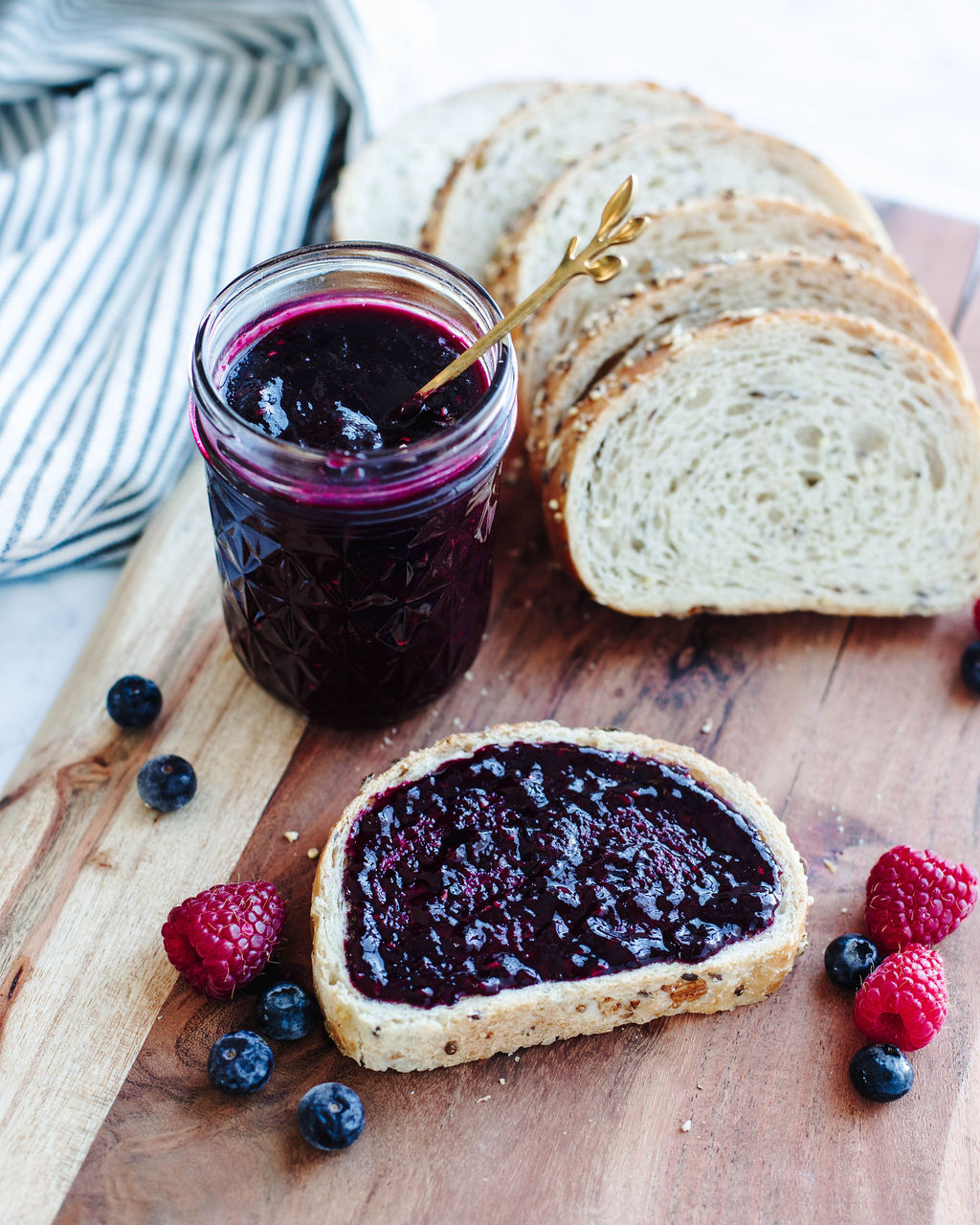 mixed berry jam made in the Instant Pot and spread onto bread.