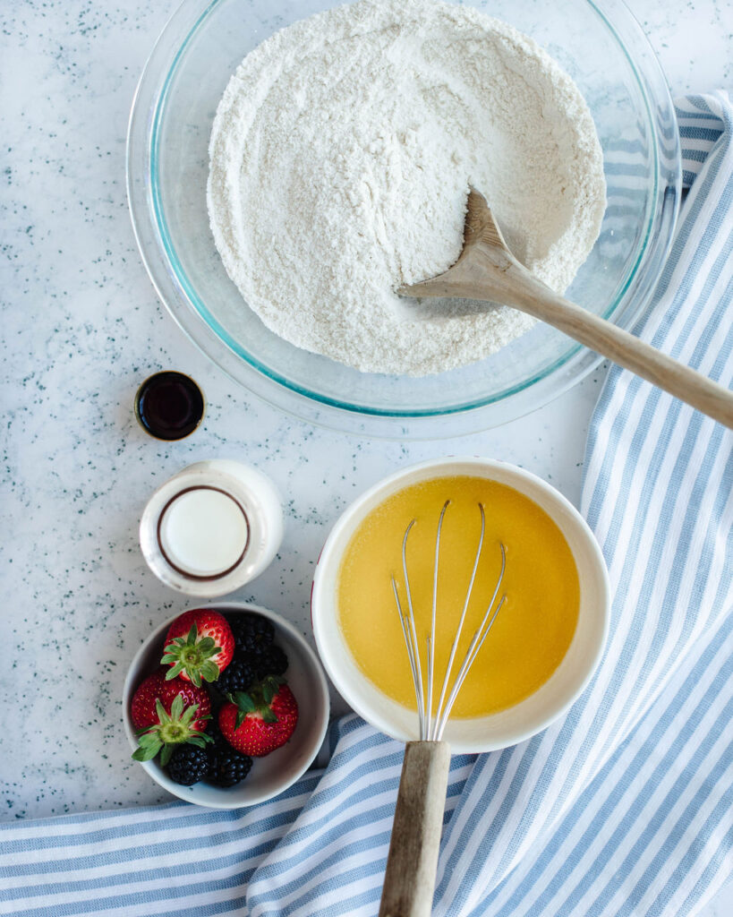 melted butter, flour, sugar, and vanilla in small bowls.