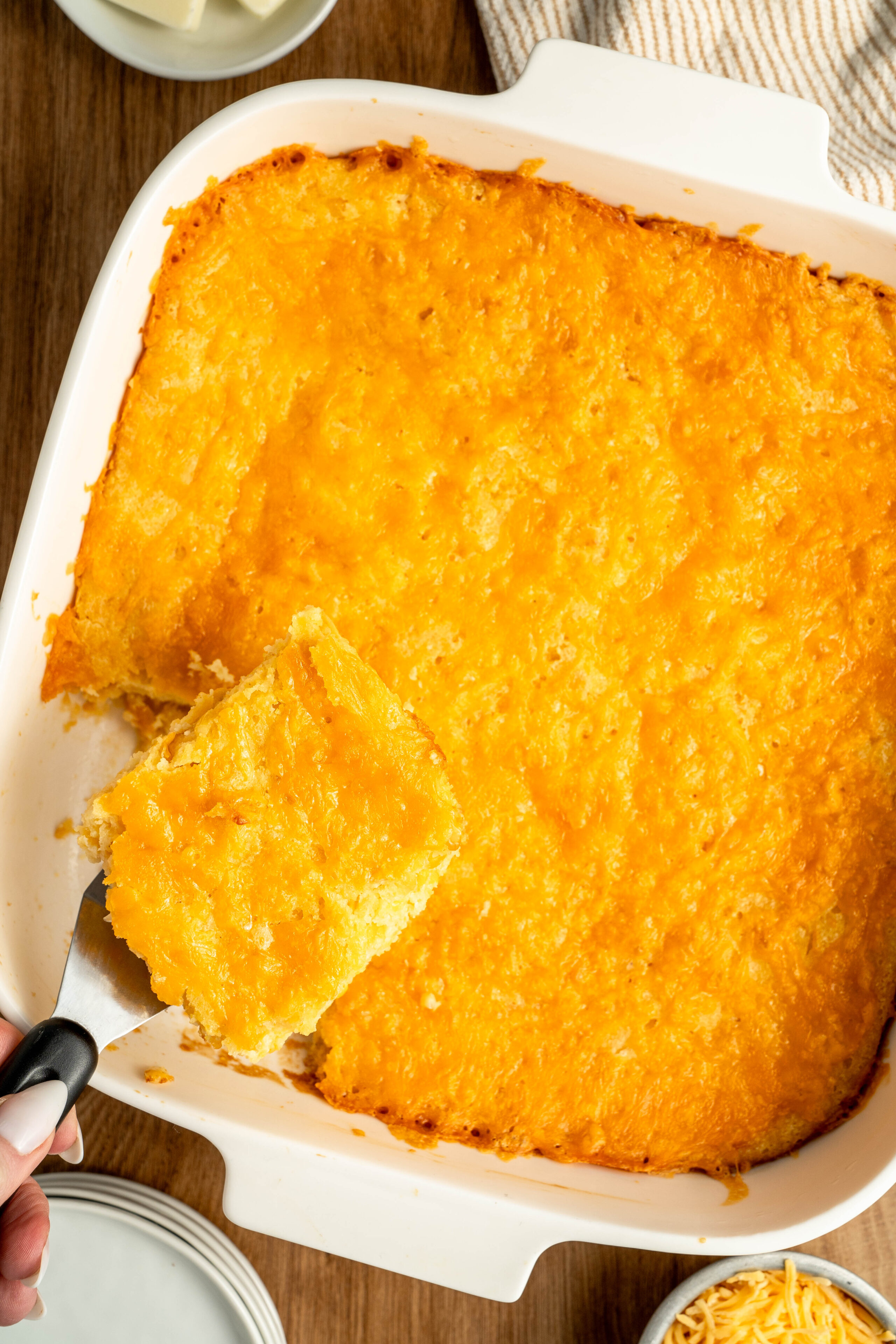 a cornbread casserole baked in a pan using only 7 ingredients.