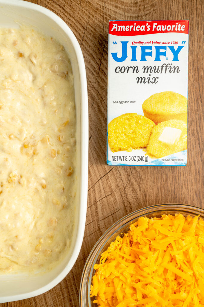 a box of Jiffy mix and cheese next to a corn casserole.
