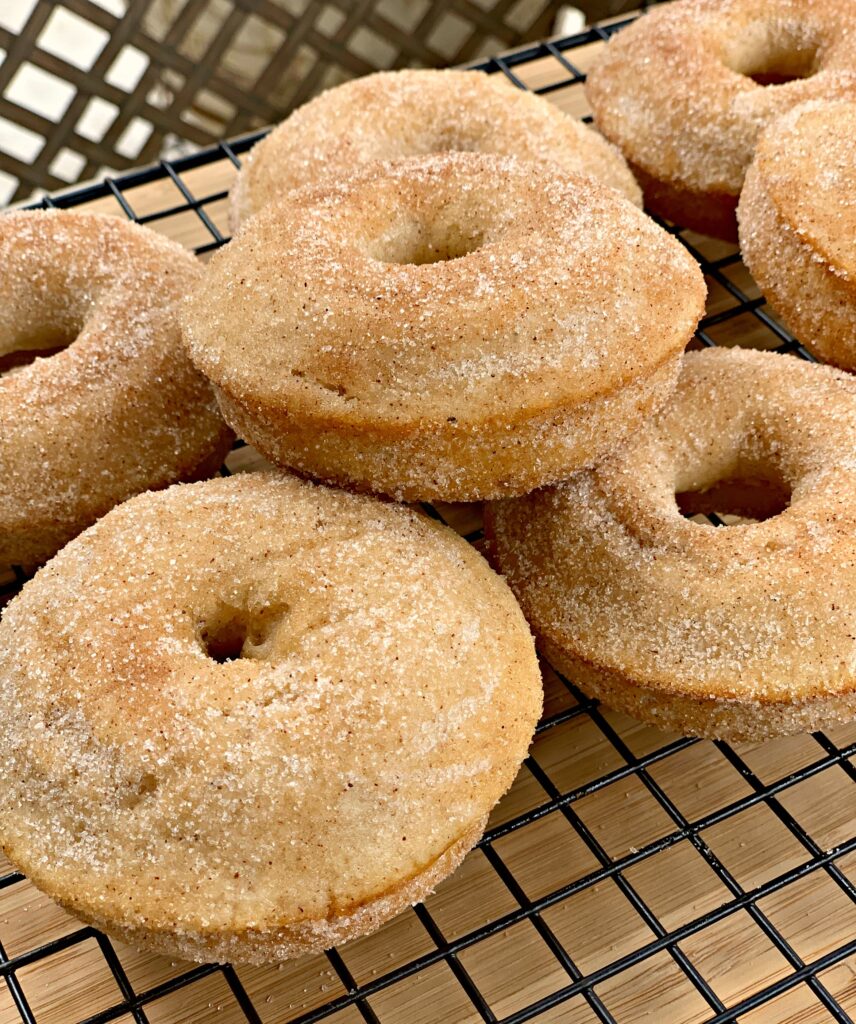 fluffy baked donuts with a cinnamon sugar coating.