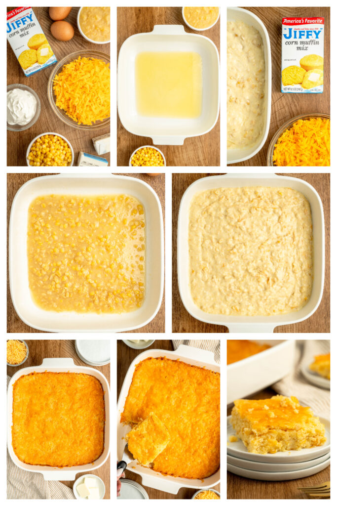 step by step on how to make cornbread casserole with Jiffy mix.